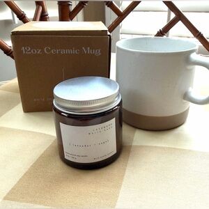 New Ceramic Mug, like Farmhouse pottery & lavender+sage hand poured soy candle.